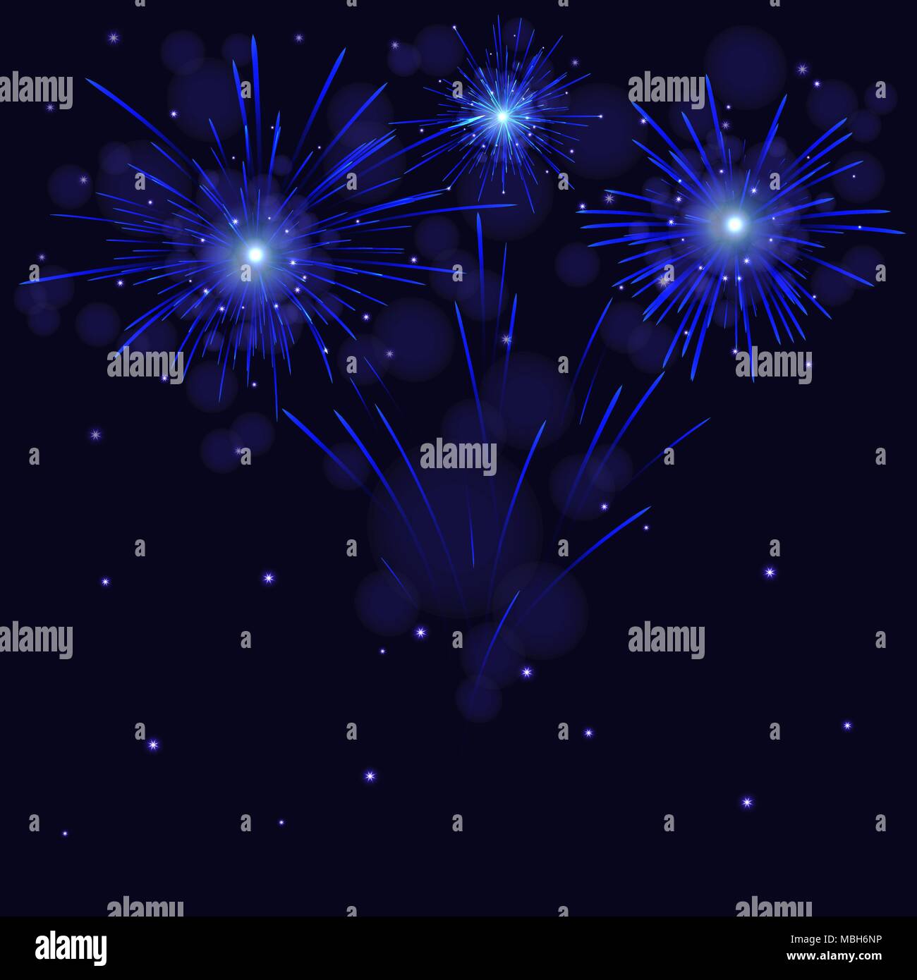 Celebrazione blu scintillanti fuochi d'artificio vettore oltre il cielo stellato. Giorno di indipendenza il 4 luglio, le vacanze di capodanno sfondo. Illustrazione Vettoriale