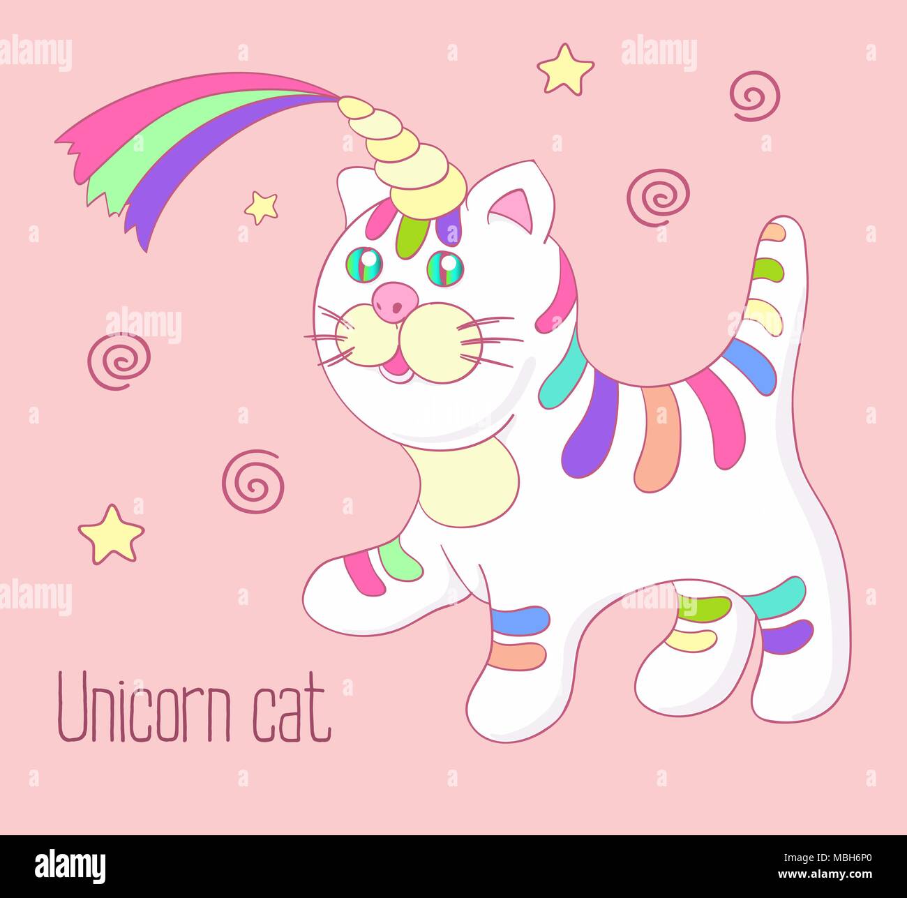 Carino trendy unicorn gatto con il rainbow avvisatore acustico e strisce colorate per compleanno invito o un biglietto di auguri Illustrazione Vettoriale
