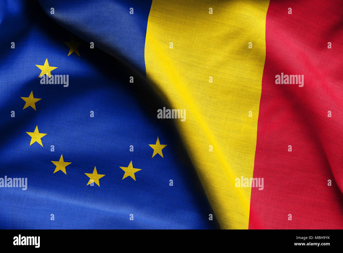 Le bandiere di Romania e Unione europea Foto Stock