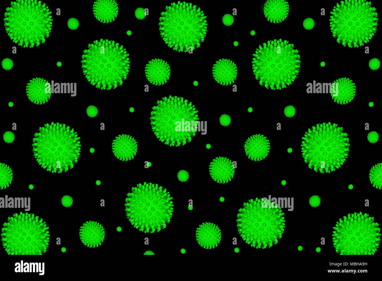 Un sacco di verde sfere spiked, caoticamente sparsi su sfondo nero Foto Stock