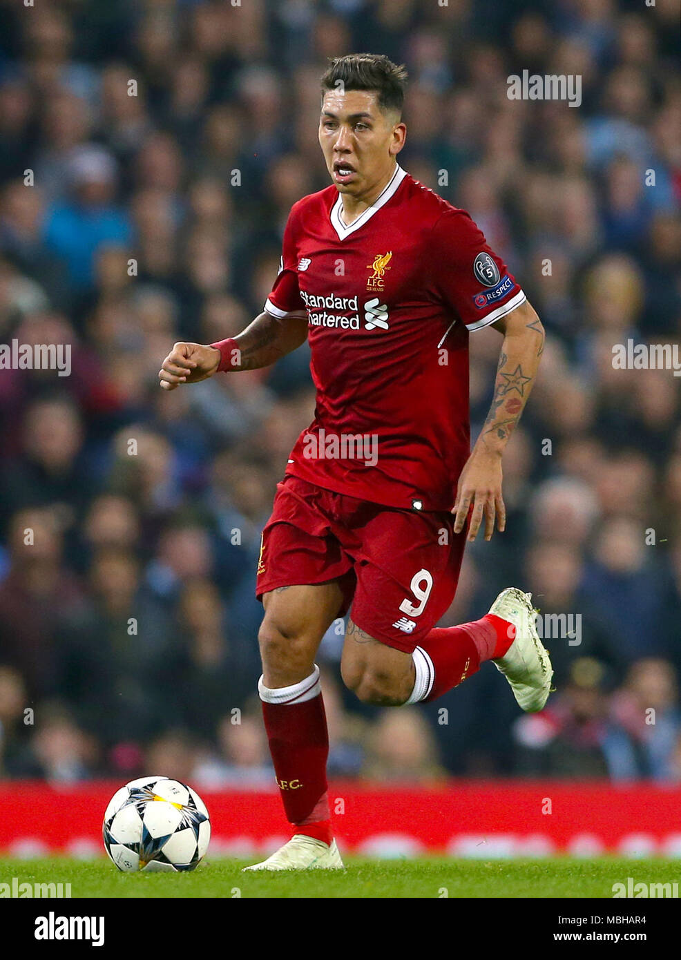 Di Liverpool Roberto Firmino durante la UEFA Champions League quarti di finale presso l'Etihad Stadium e Manchester. Foto Stock