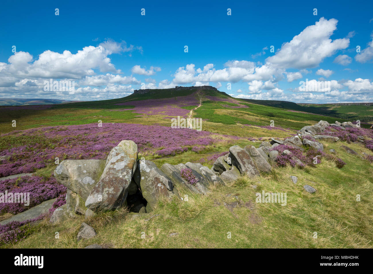 Higger Tor visto da Carl Wark vicino a Hathersage nel parco nazionale di Peak District, Derbyshire, in Inghilterra. Giornata estiva con heather in piena fioritura. Foto Stock