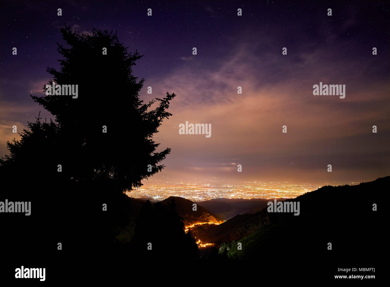 Paesaggio notturno della città luci e albero di silhouette a cielo nuvoloso con stelle ad Almaty in Kazakistan Foto Stock