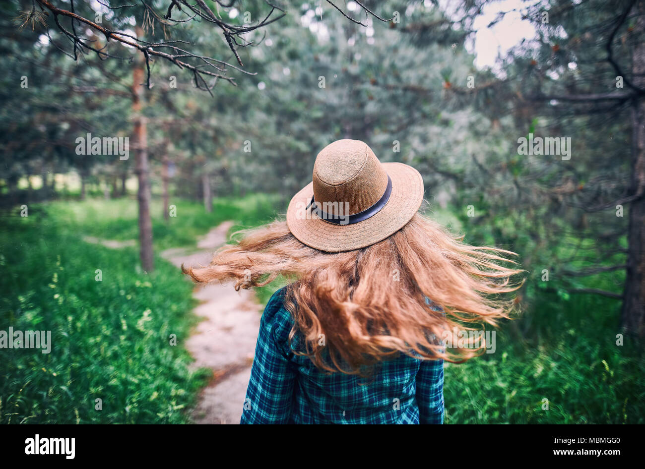 Giovane donna in marrone cappello e verde maglietta controllati con capelli lunghi nel flusso del vento sotto alberi di pino della foresta Foto Stock