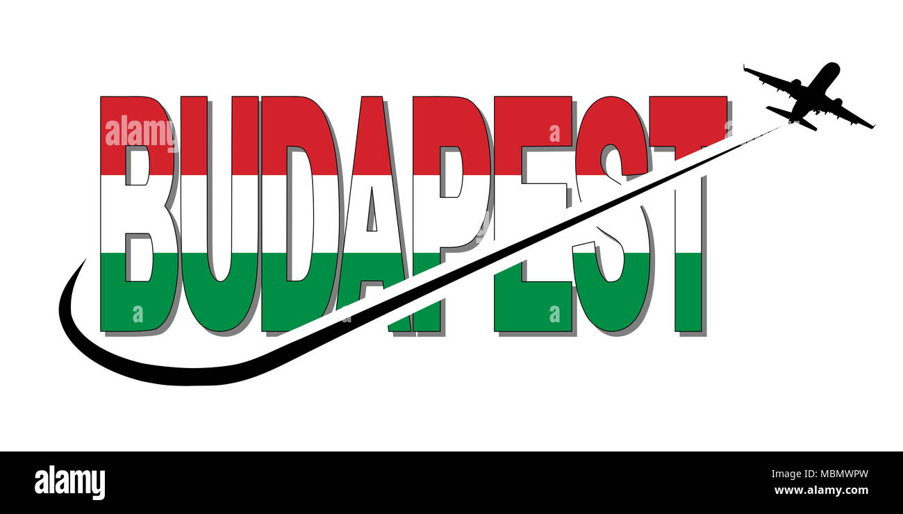 Bandiera di Budapest il testo con il piano silhouette e swoosh illustrazione Foto Stock
