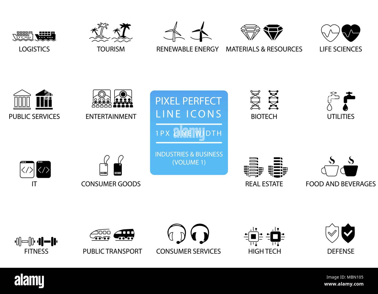 Pixel perfetta linea sottile di icone e simboli di varie industrie / business settori come i servizi pubblici e i beni di consumo, difesa, scienze della vita, alta- Illustrazione Vettoriale