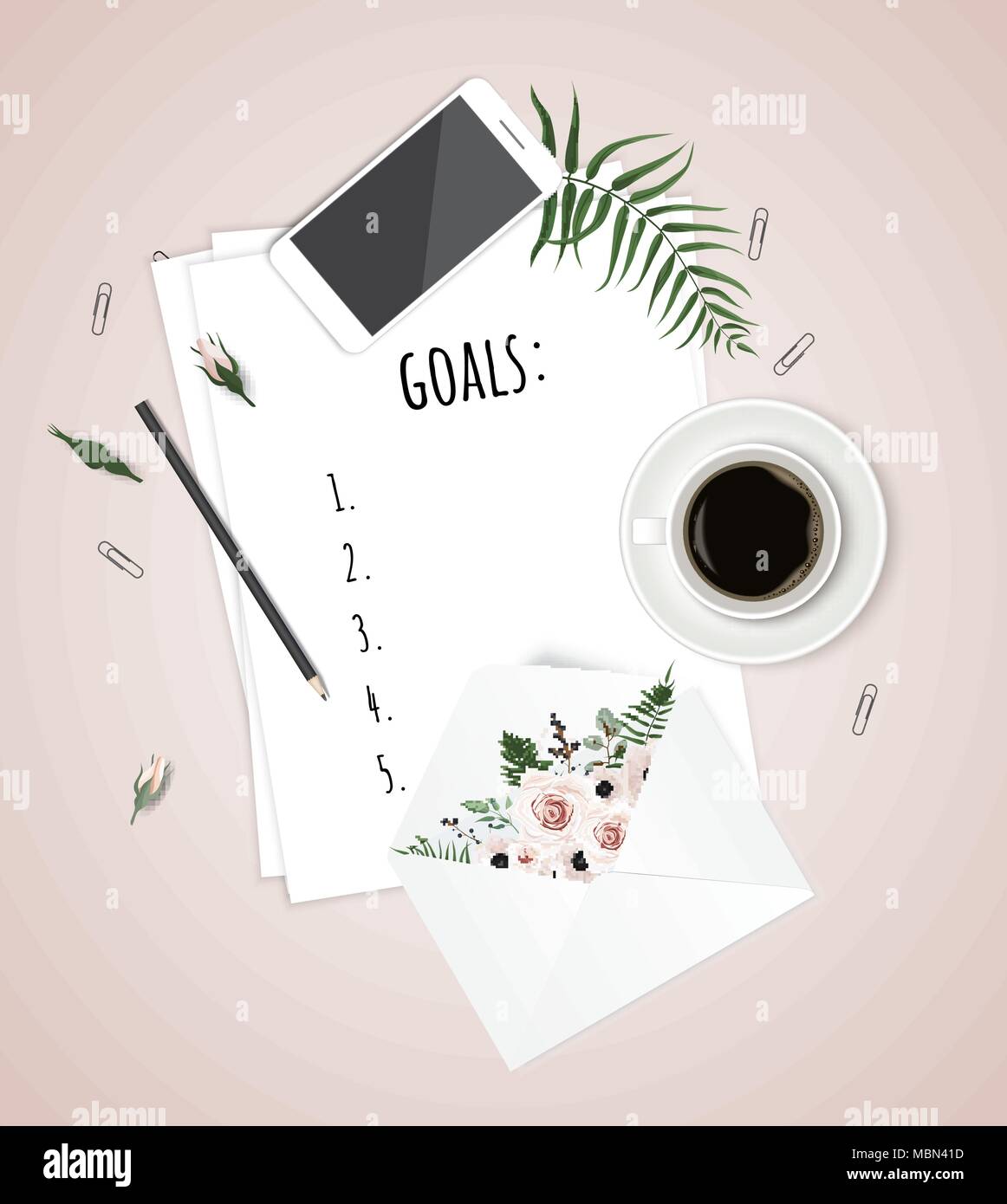Vista superiore 2018 Elenco degli obiettivi con i notebook, una tazza di caffè sulla scrivania in legno. Illustrazione Vettoriale. Illustrazione Vettoriale