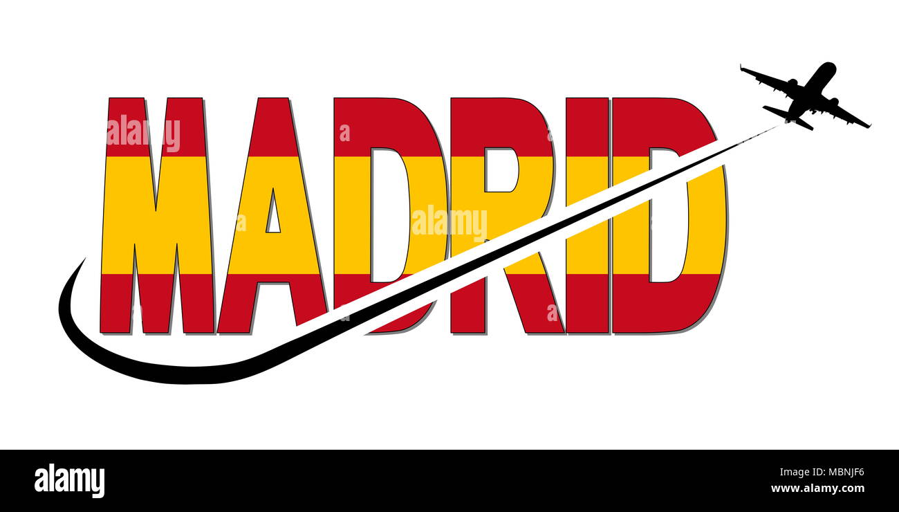 Bandiera di Madrid il testo con il piano silhouette e swoosh illustrazione Foto Stock