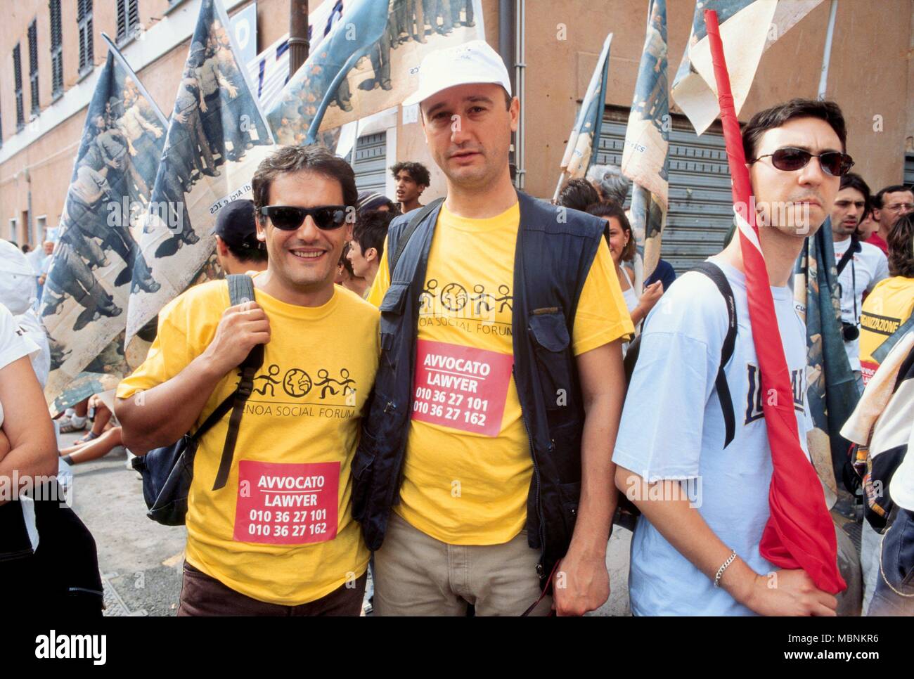 La protesta contro la international summit G8 di Genova (Italia), luglio 2001, Genoa Social Forum avvocati volontario Foto Stock