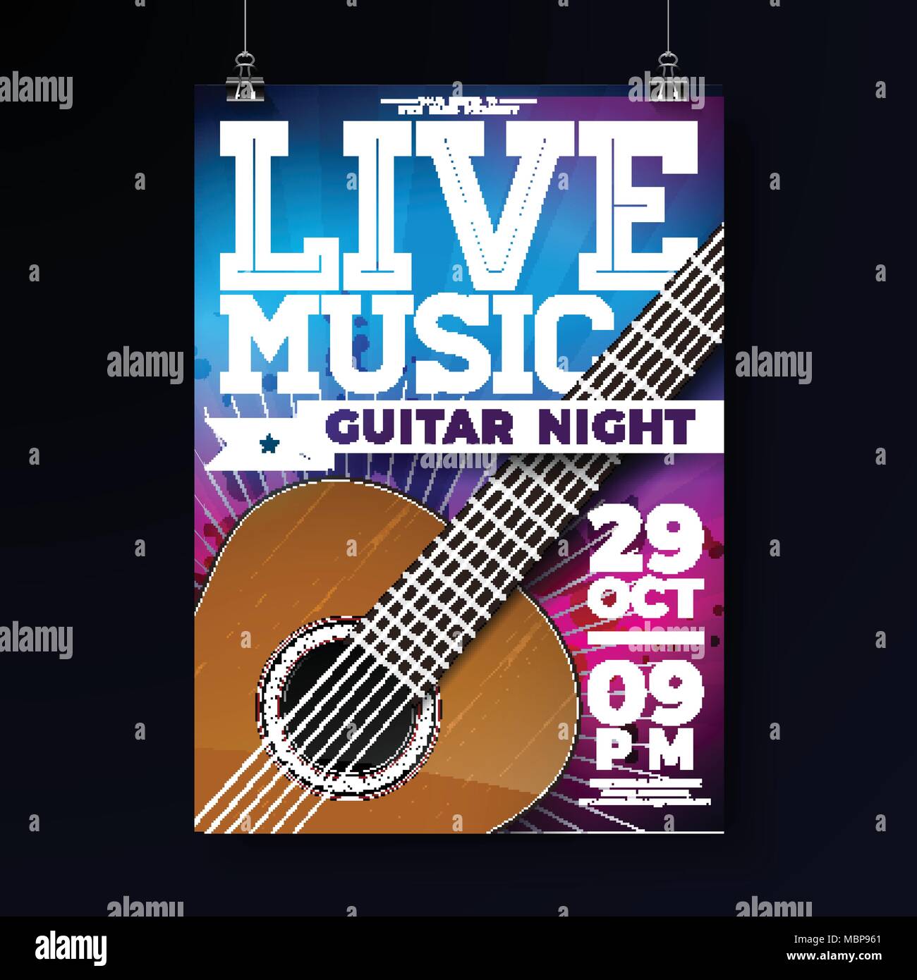Musica dal vivo flyer design con la chitarra acustica su grunge background. Illustrazione Vettoriale modello per invito poster, banner promozionali, brochure o biglietto di auguri. Illustrazione Vettoriale