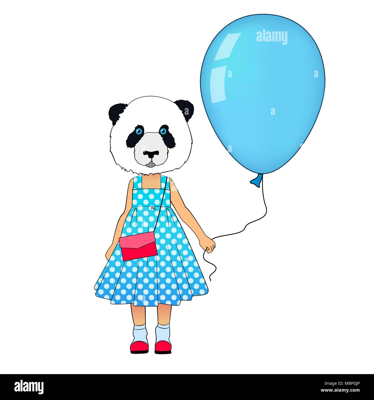 Piccolo panda di moda ragazza vestita in abito. Tanga animale recano in abito con palloncino. Panda kid vestiti in stile urbano Illustrazione Vettoriale