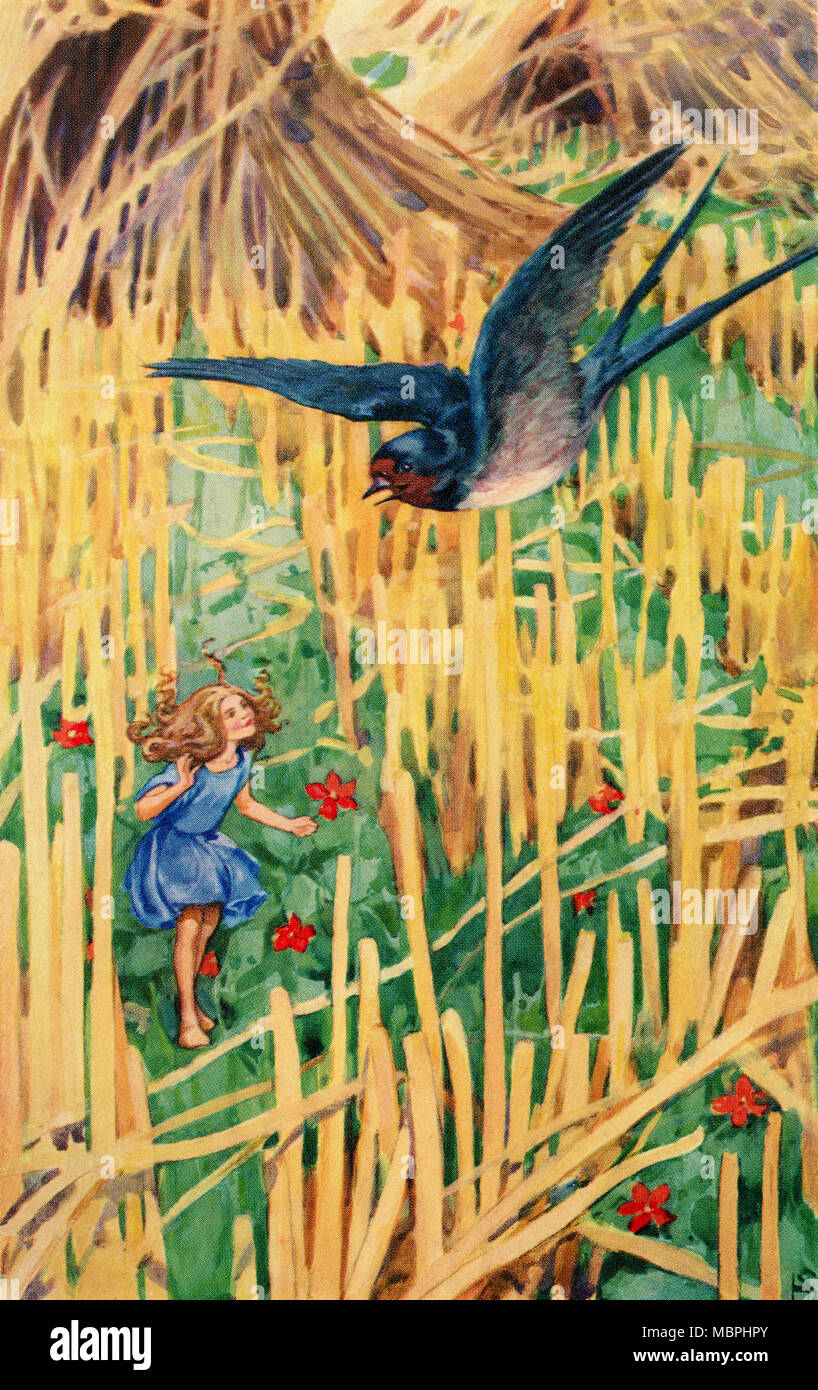 "Il piccolo swallow stava volando passato" dal racconto Tommelise. Illustrazione a colori da Helen Stratton dal libro Hans Andersen di favole pubblicato c.1930. Foto Stock