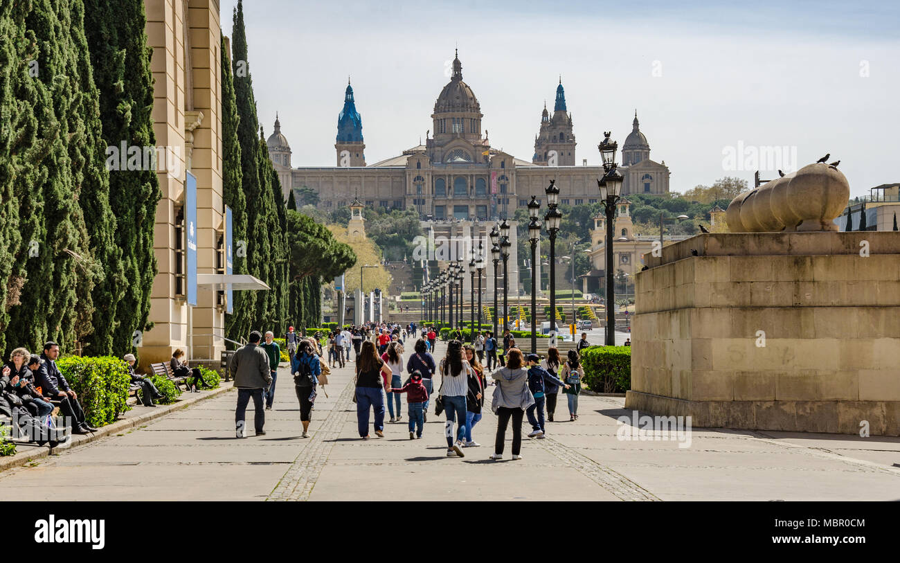 Una vista guardando verso il Museo Nazionale d'Arte della Catalogna che si basa in Palau Nacional di Barcellona, Spagna. Foto Stock