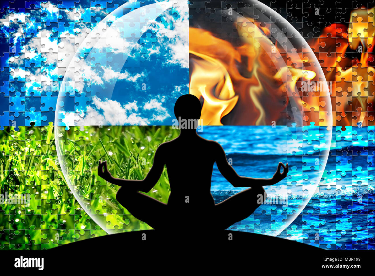 Yoga femmina figura in un cerchio composto da quattro puzzle tagliare elementi naturali (acqua, fuoco, terra, aria) come un concetto per la mente aperta, potenza interiore, serena Foto Stock