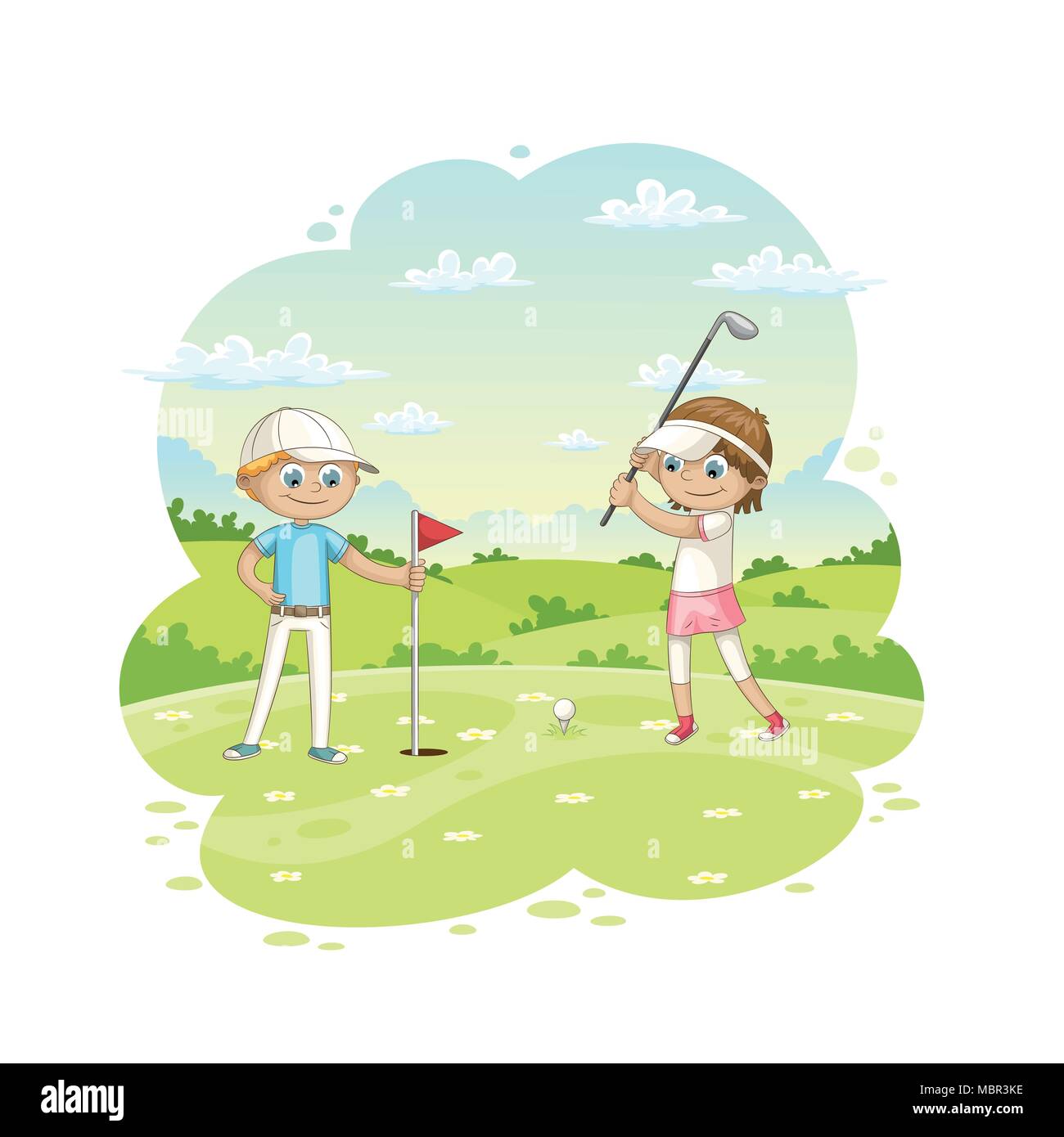 I bambini gioca a golf su un campo da golf, illustrazione vettoriale Illustrazione Vettoriale