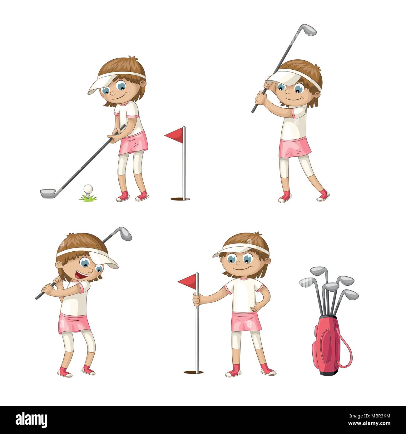 Ragazza giocando a golf. Divertente personaggio dei fumetti. Isolato su sfondo bianco. Illustrazione Vettoriale
