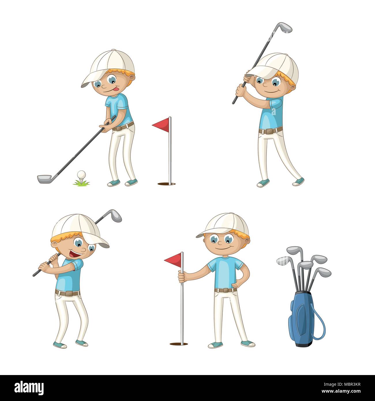 Ragazzo giocando a golf. Divertente personaggio dei fumetti. Isolato su sfondo bianco. Illustrazione Vettoriale
