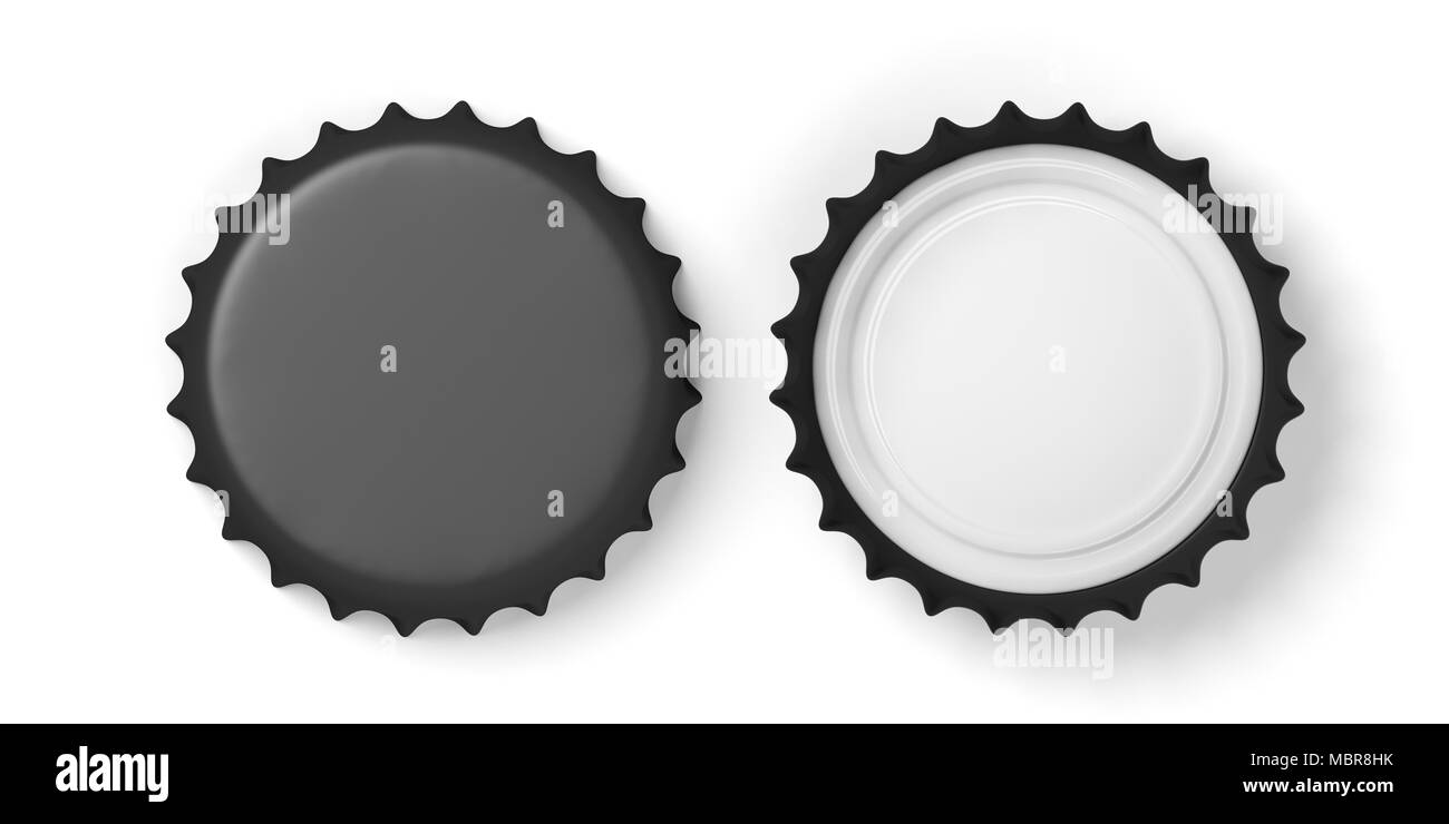 Bianco, nero tappi di birra, isolato su sfondo bianco, vista anteriore e posteriore, lo spazio per il testo, vista dall'alto. 3d illustrazione Foto Stock