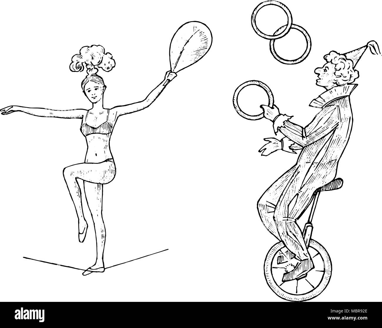 Il clown sulla ruota gioca con birilli o sfere su sfondo bianco. Attore di strada o artista nel circus. Attore acrobat. Mano inciso bozzetto in vintage stile vittoriano. Illustrazione Vettoriale