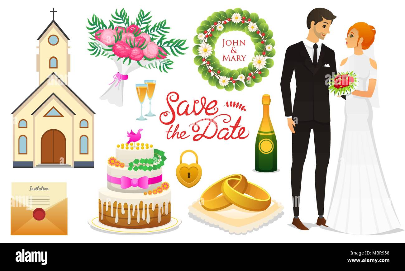 Sposa e lo sposo. Cerimonia di nozze Set. Sposi novelli icone. illustrazione vettoriale. Coppia sposata l estate. Vintage torta rustica e anelli bouquet di fiori e chiesa scarpe e champagne corona e l...