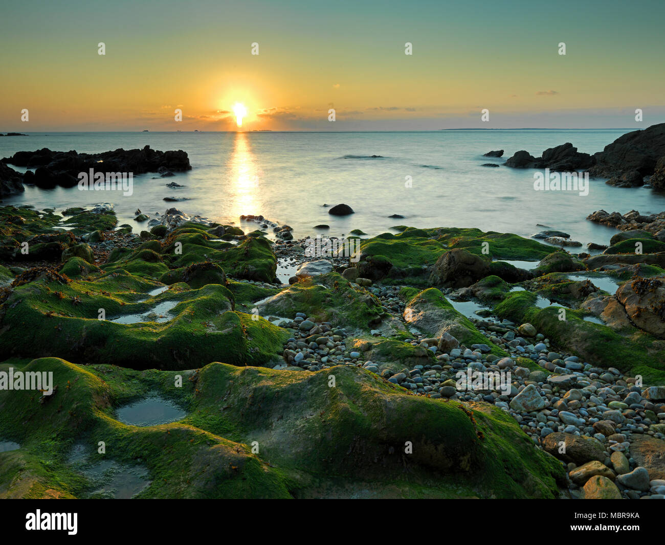 Ricoperta di rocce sulla spiaggia, atmosfera serale, tramonto sulla costa, a Le Conquet, dipartimento del Finistère, Brittany, Francia Foto Stock