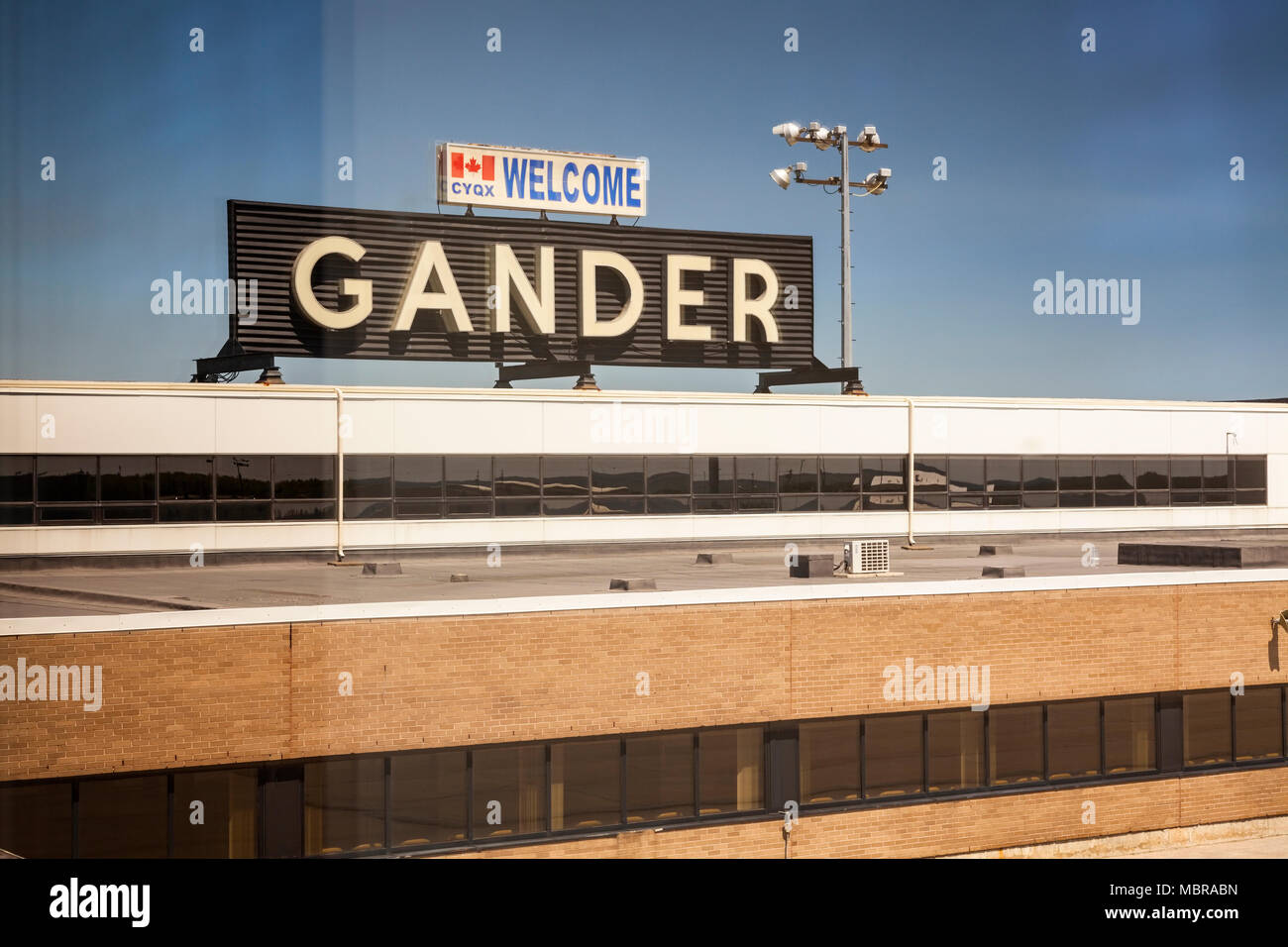 Il segno di benvenuto per Gander International Airport in Gander, Terranova, Canada. Foto Stock