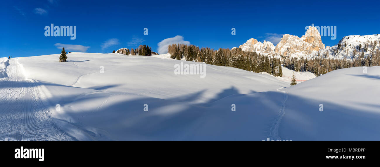 Le Pale di San Martino Montagne, Vista da Passo Rolle, San Martino di Castrozza village, distretto di Trento, Trentino Alto Adige, Italia Foto Stock
