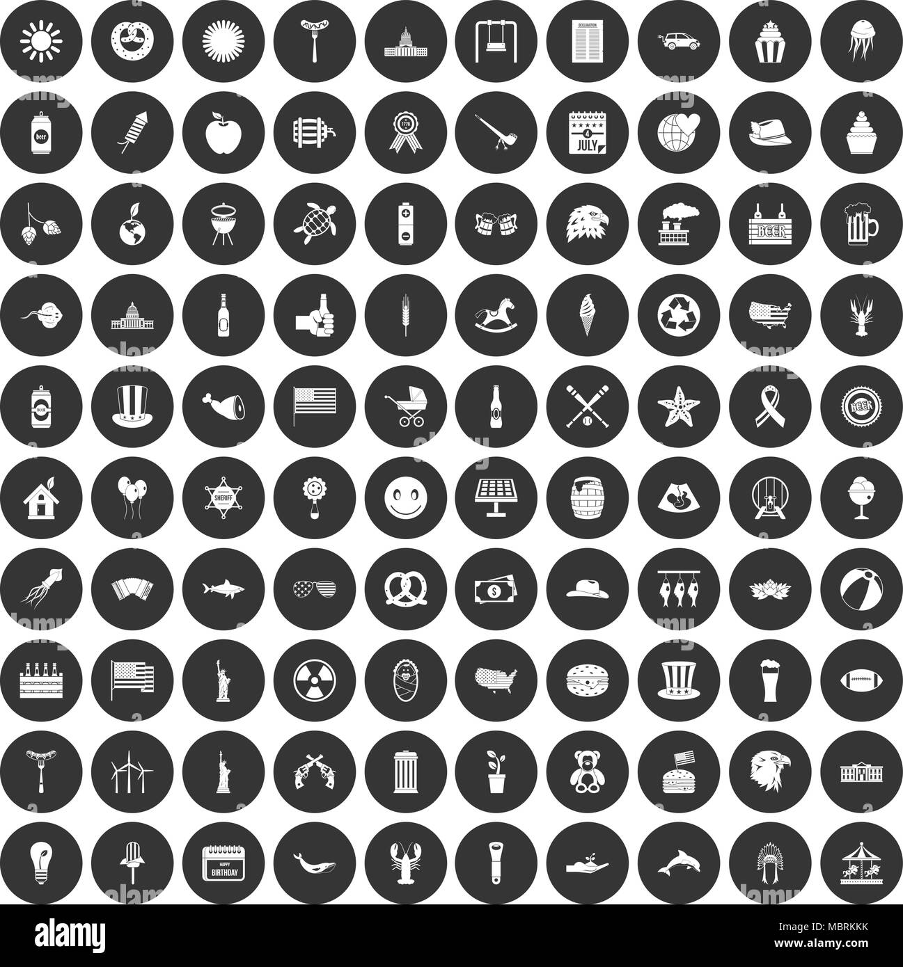 100 vacanze estive set di icone cerchio nero Illustrazione Vettoriale