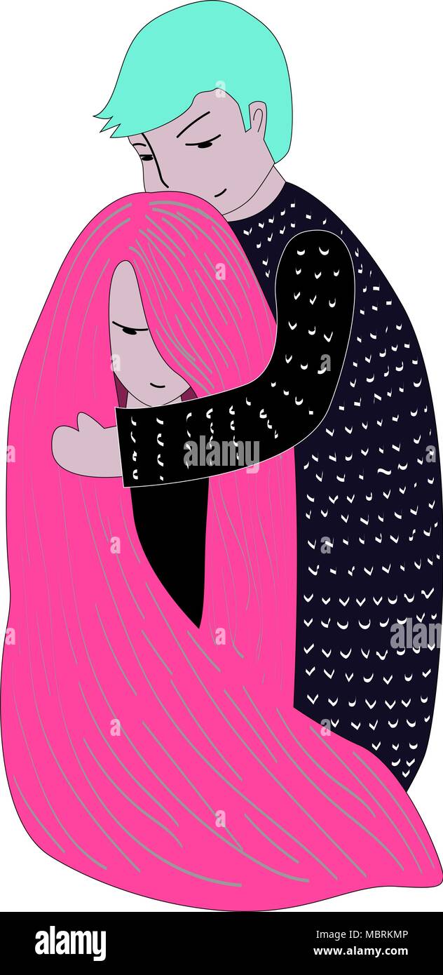 Guy abbracciando una ragazza. Ragazza con rose capelli lunghi. Giovane. Illustrazione Vettoriale