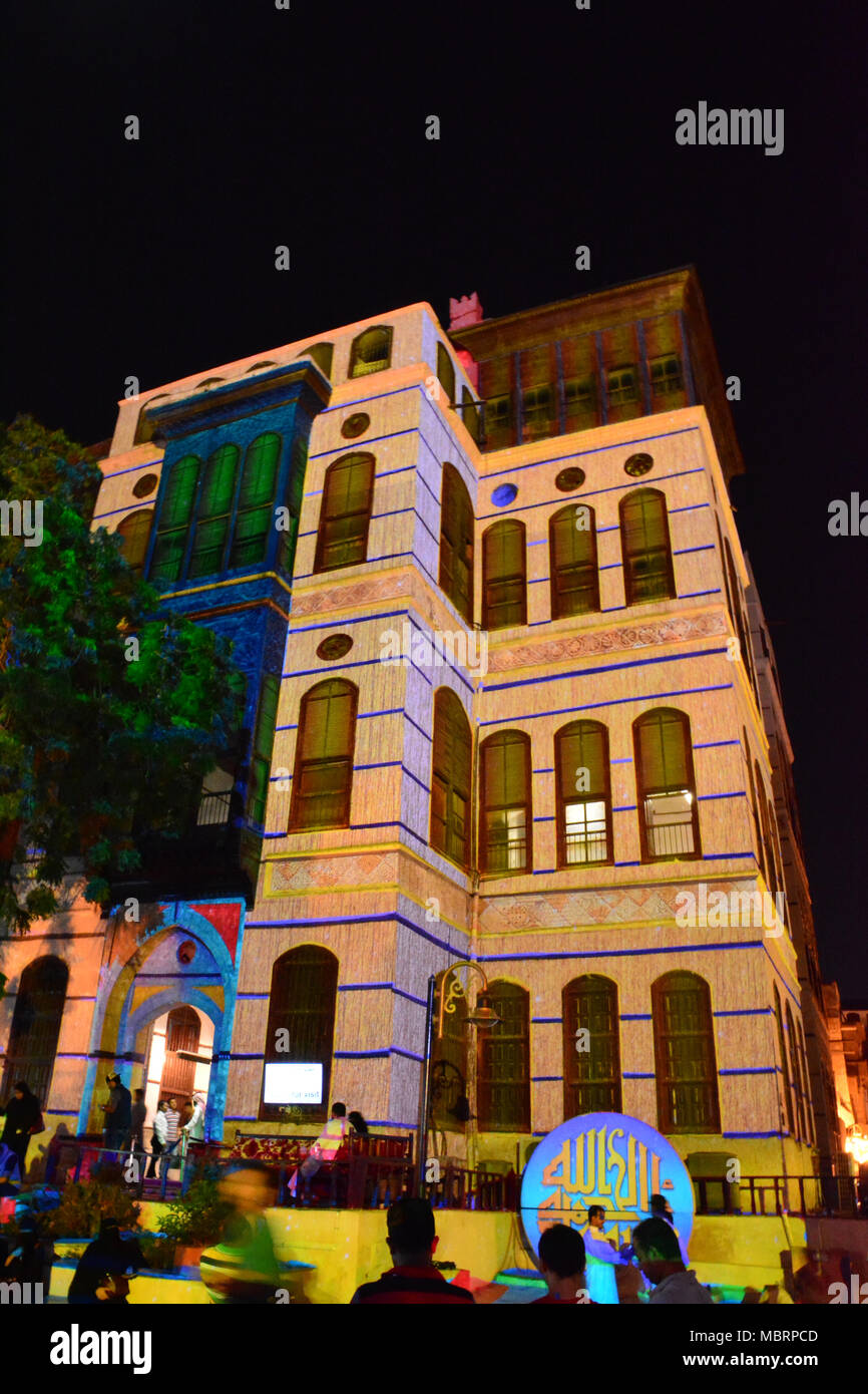 Storico festival Jeddah laser show nel patrimonio mondiale Unesco villaggio storico di Jeddah, Arabia Saudita Foto Stock