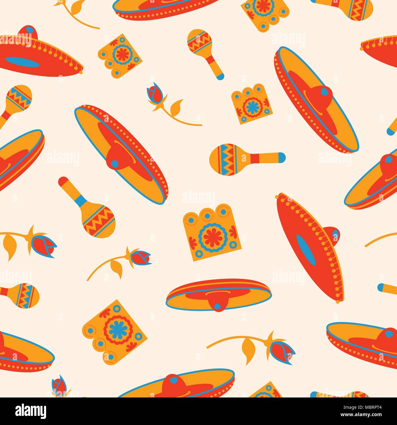 Mexican seamless pattern con icone colorate della cultura del Messico ideale per una vacanza o un evento speciale. Include mariachi hat, maracas e fiore. EPS10 ve Illustrazione Vettoriale