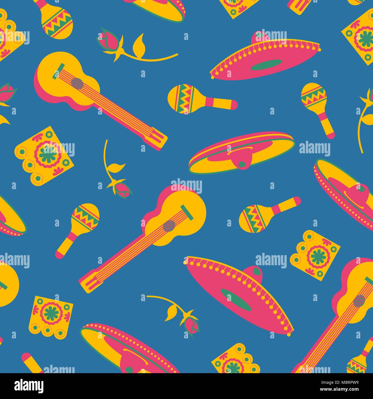 Mexican seamless pattern con icone colorate della cultura del Messico ideale per vacanza, un party o un evento speciale. Include mariachi hat, maracas e chitarra. E Illustrazione Vettoriale