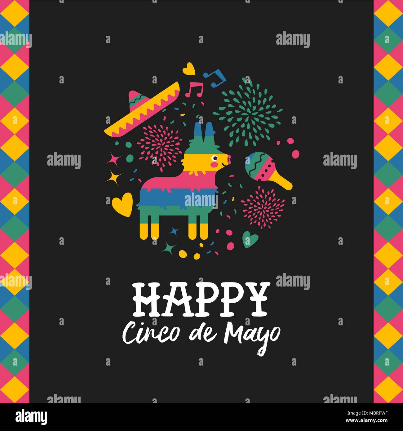 Happy Cinco de Mayo biglietto di auguri per la tradizionale vacanza messicana con cute pinata asino e disegnati a mano elementi. Festa della cultura del Messico illustrazione Illustrazione Vettoriale