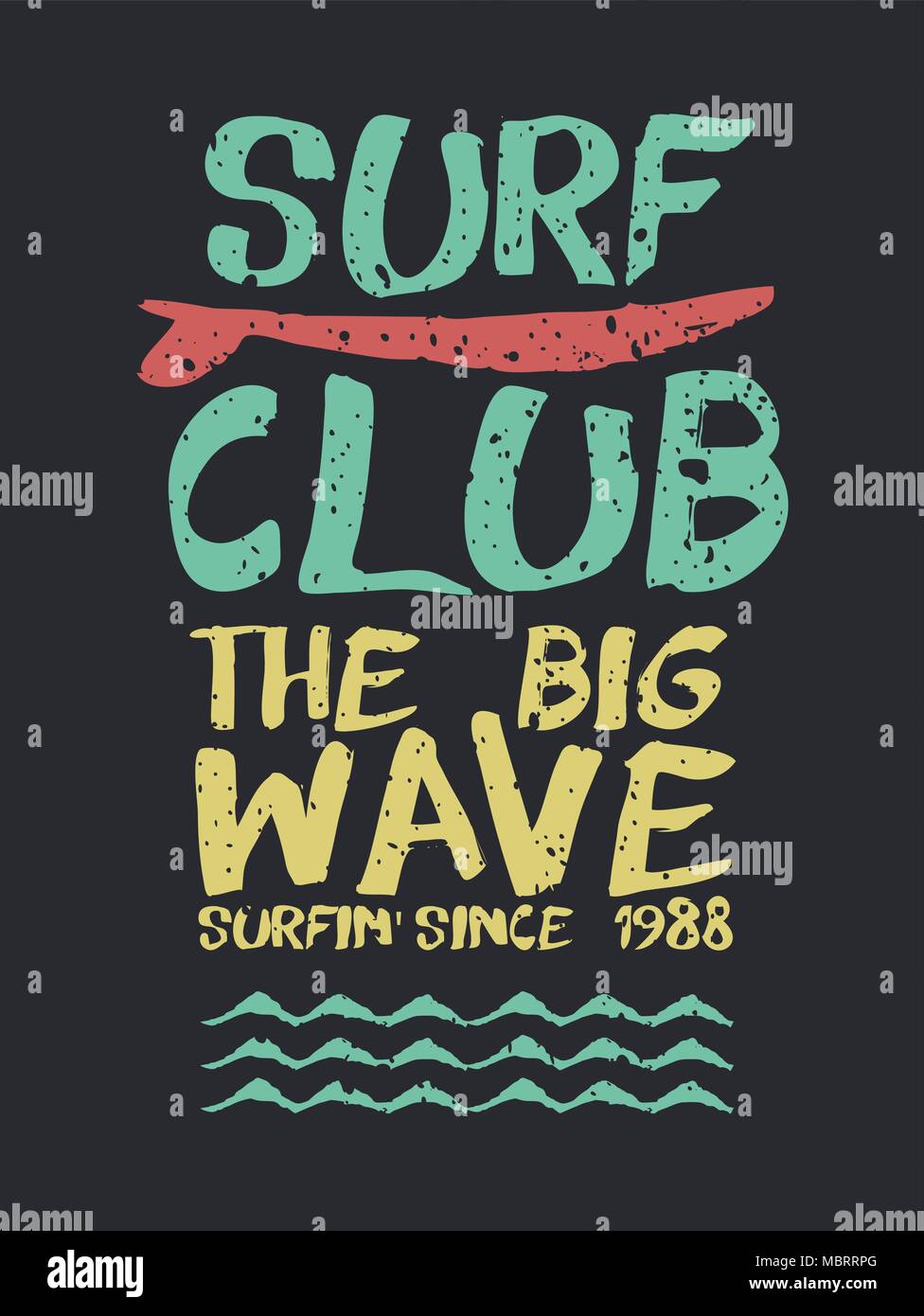 Surf Club tipografia con timbro vintage grunge texture e disegnati a mano mare scarabocchio. Estate spiaggia surfer illustrazione ideale per la stampa tessile, saluto Illustrazione Vettoriale