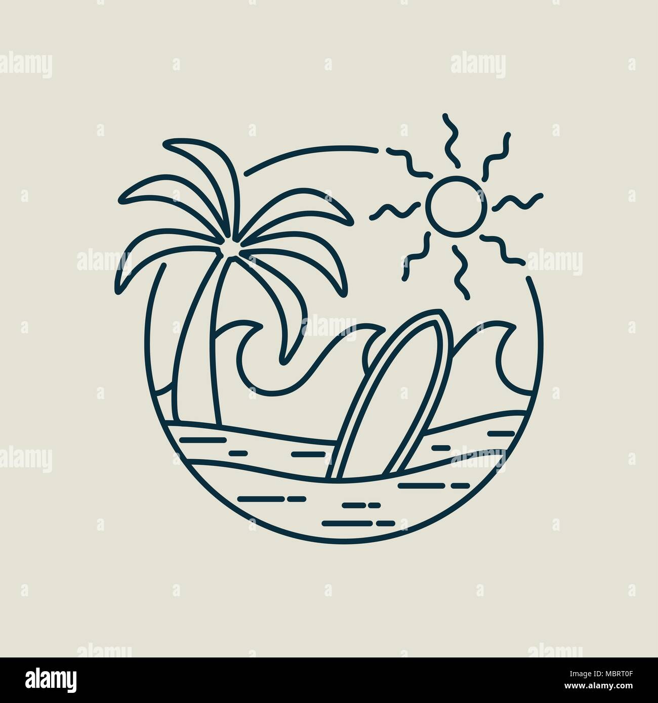 Linea Surf arte timbro in moderno stile piatto. Paradise beach illustrazione con Palm tree, oceano onde e tavole da surf. EPS10 vettore. Illustrazione Vettoriale