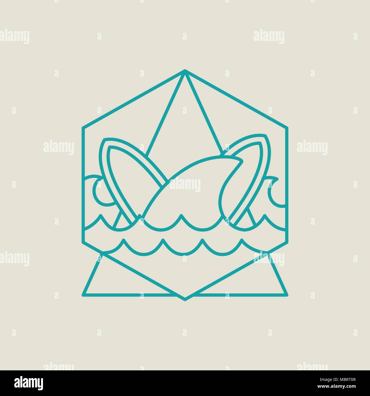 Surf avventura con lo squalo e tavole da surf in mare, moderna linea piana arte icona di stile. EPS10 vettore. Illustrazione Vettoriale