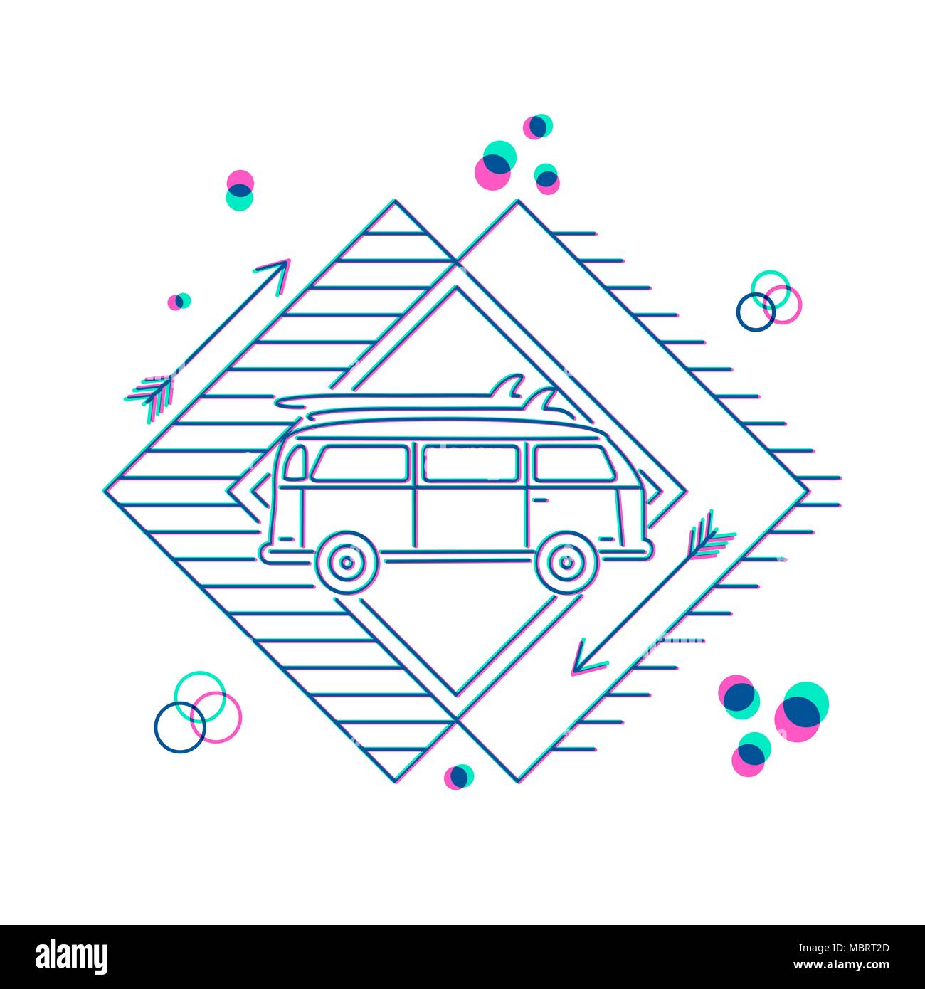 Surfista Retrò design icona in linea piana di stile arte con automobile furgone facendo surf in spiaggia. EPS10 vettore. Illustrazione Vettoriale