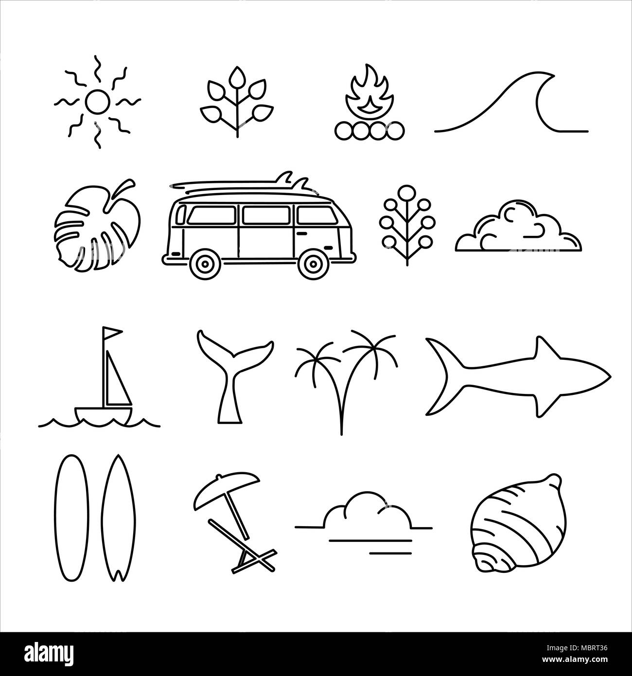 Estate icon set in linea moderna arte stile, grande avventura attività di raccolta di simbolo. Include auto retrò, oceano onda, elementi di surf e piante tropicali. Illustrazione Vettoriale