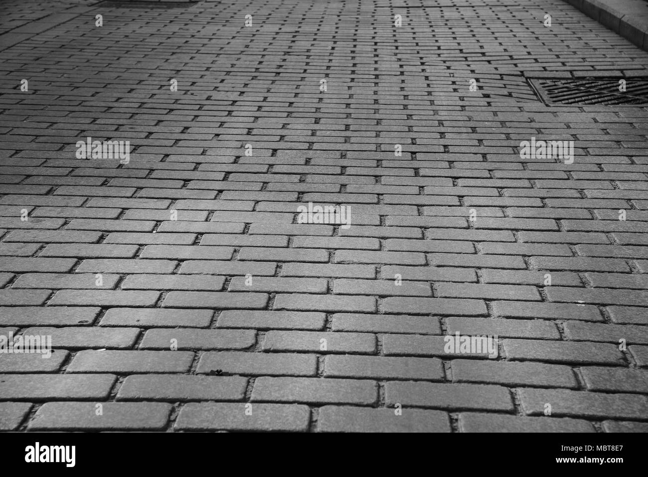 Grigio pietra mattone strada lastricata in piazza storica Foto Stock