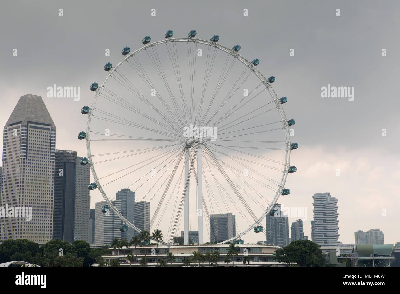 Singapore Flyer su un giorno di tempesta. Vista piena di luce e di nuvole scure dietro con alcuni edifici di Singapore visibile. Foto Stock