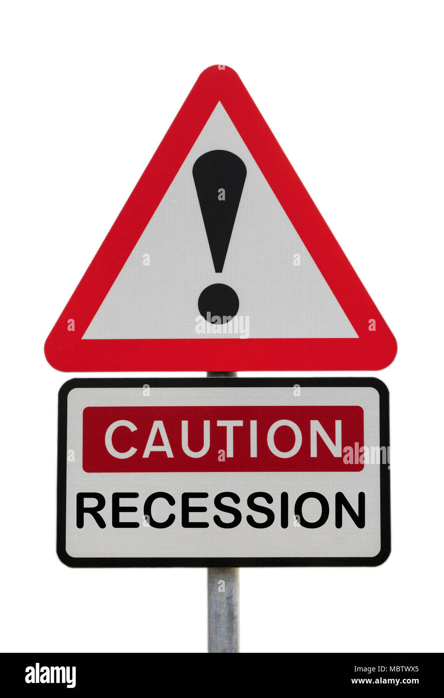 Segno triangolare avvertenza e attenzione la recessione con un punto esclamativo per illustrare financial future concept. Regno Unito, Gran Bretagna, Europa Foto Stock