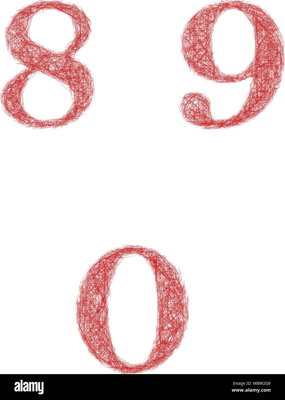 Schizzo rosso set di font - numeri 8, 9, 0 Illustrazione Vettoriale