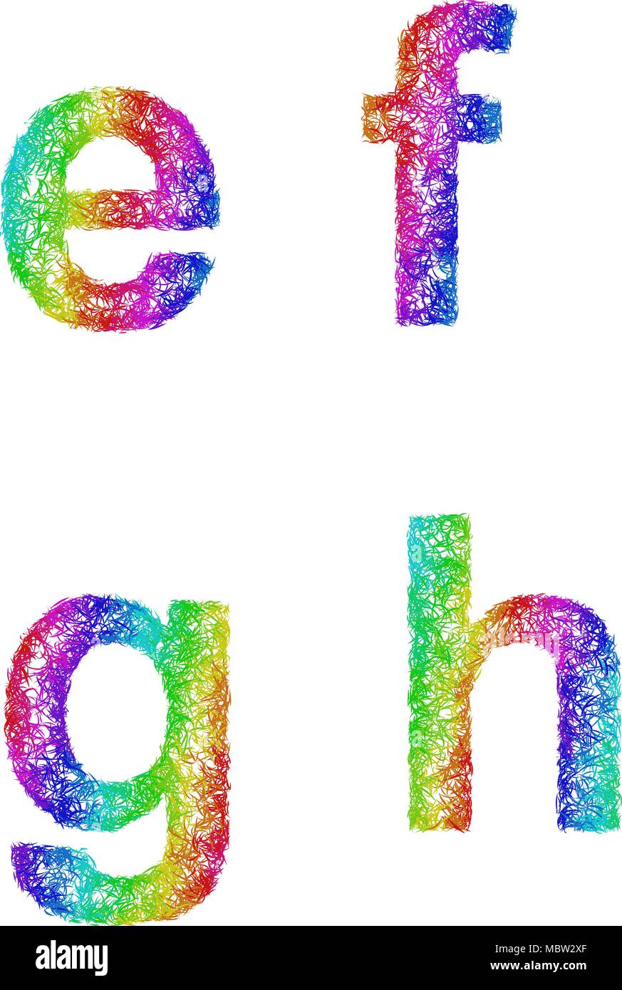 Rainbow sketch font set - lettere minuscole e, f, g, h Illustrazione Vettoriale