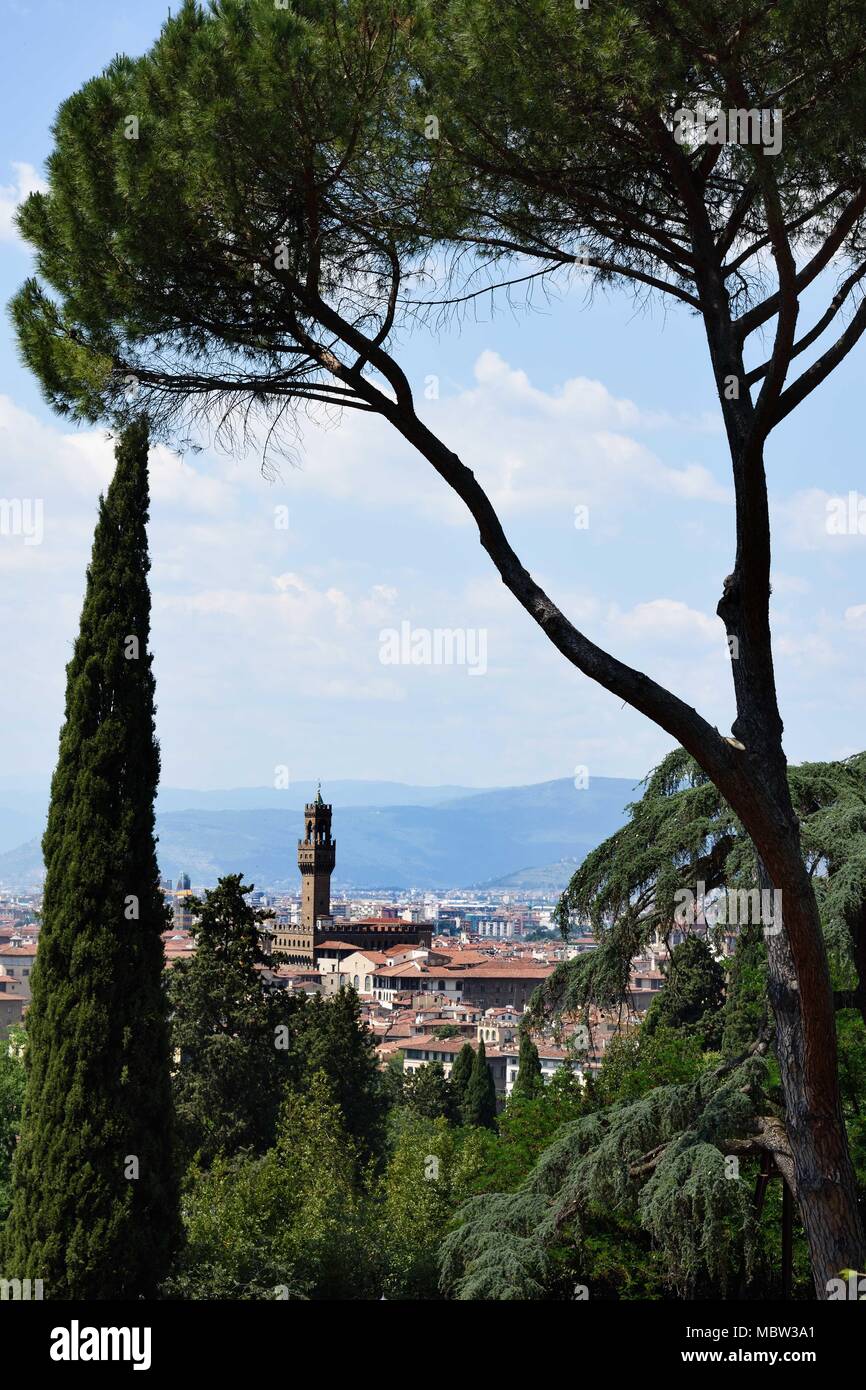 Vista panoramica del fiume Arno e a Firenze dal Piazzale Michelangelo, Firenze - Toscana, Italia - italiano. ( Il Duomo (Basilica di Santa Maria del Fiore) Ponte Vecchio Foto Stock