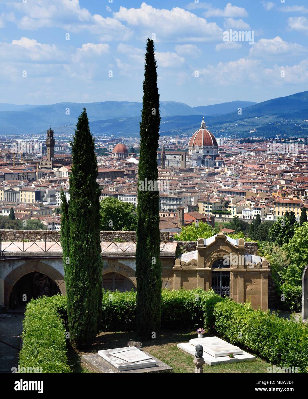 Vista panoramica del fiume Arno e a Firenze dal Piazzale Michelangelo, Firenze - Toscana, Italia - italiano. ( Il Duomo (Basilica di Santa Maria del Fiore) Ponte Vecchio Foto Stock