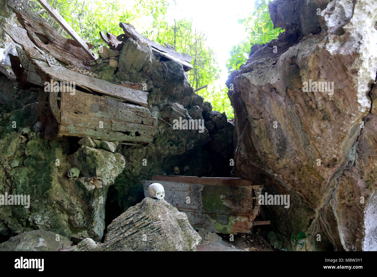 Il marcio bare, custodi dei morti (Tau-Tau's) e teschi umani in Tampang Allo grotta sepolcrale, Sulawesi, Indonesia Foto Stock