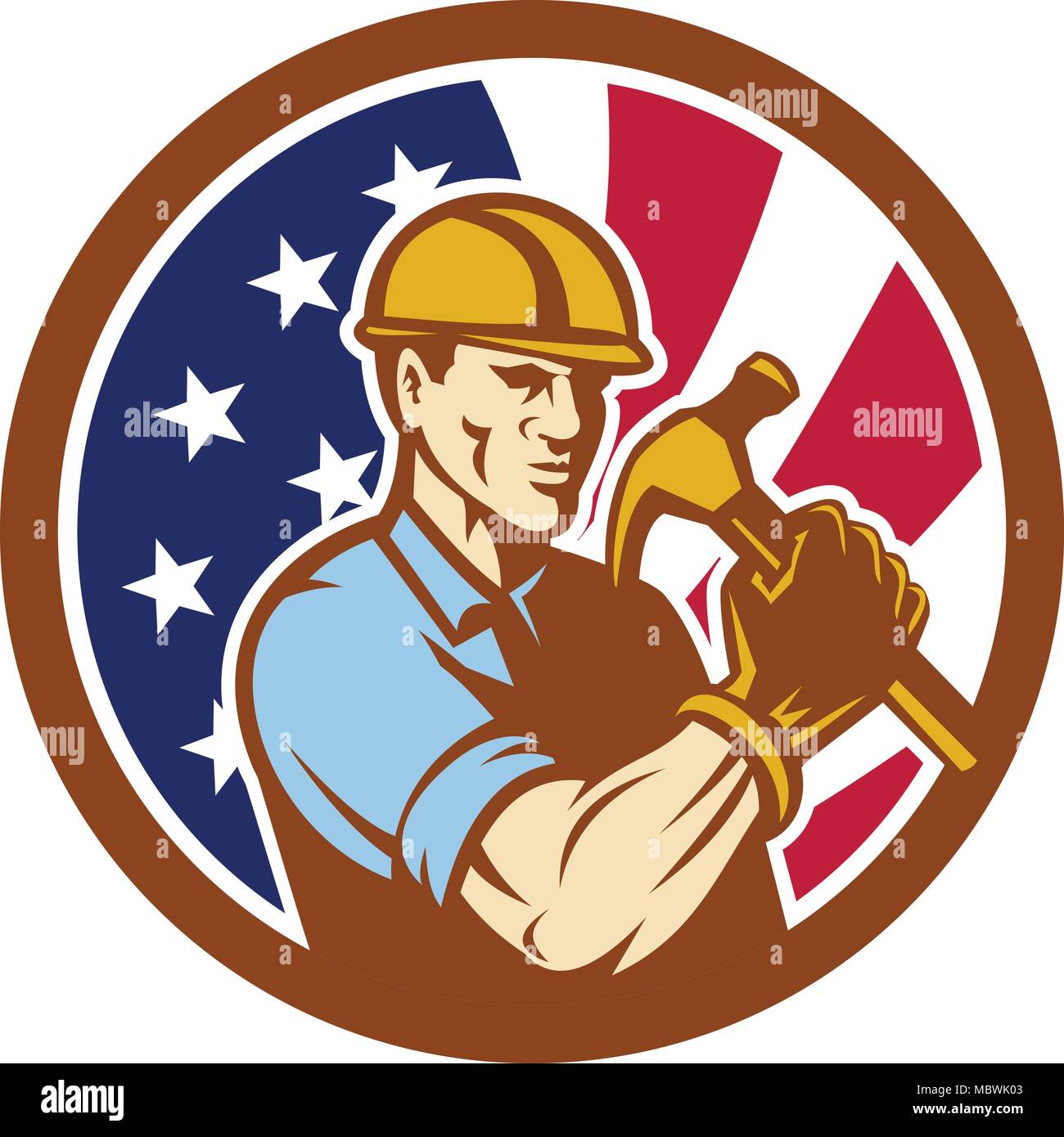 Icona di stile retrò illustrazione di un American tuttofare, builder, falegname o operaio edile martello holding negli Stati Uniti d'America USA star span Illustrazione Vettoriale