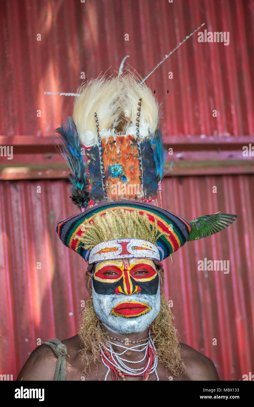 Ritratto di un uomo adulto con face painting e piume tradizionale copricapo, Mount Hagen spettacolo culturale, Papua Nuova Guinea Foto Stock