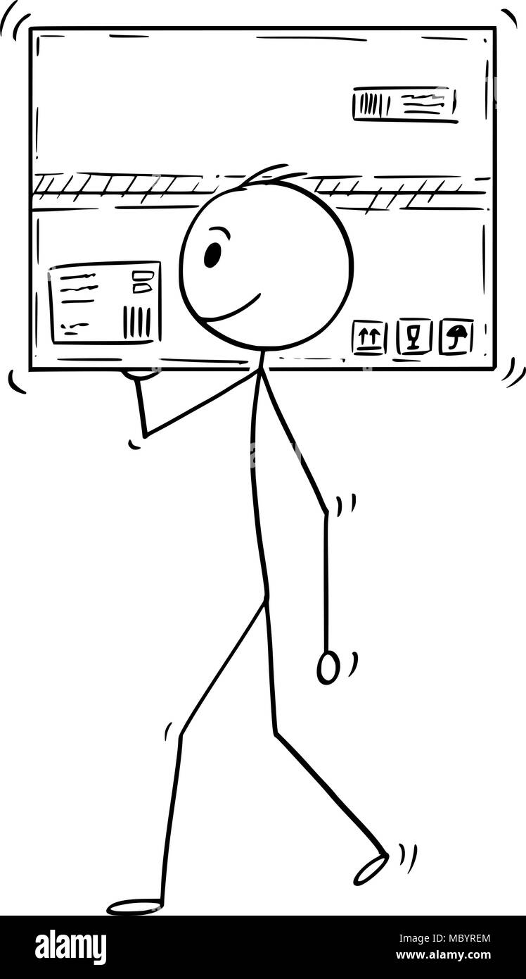 Cartoon di uomo o imprenditore portano grande consegna scatola di carta Illustrazione Vettoriale