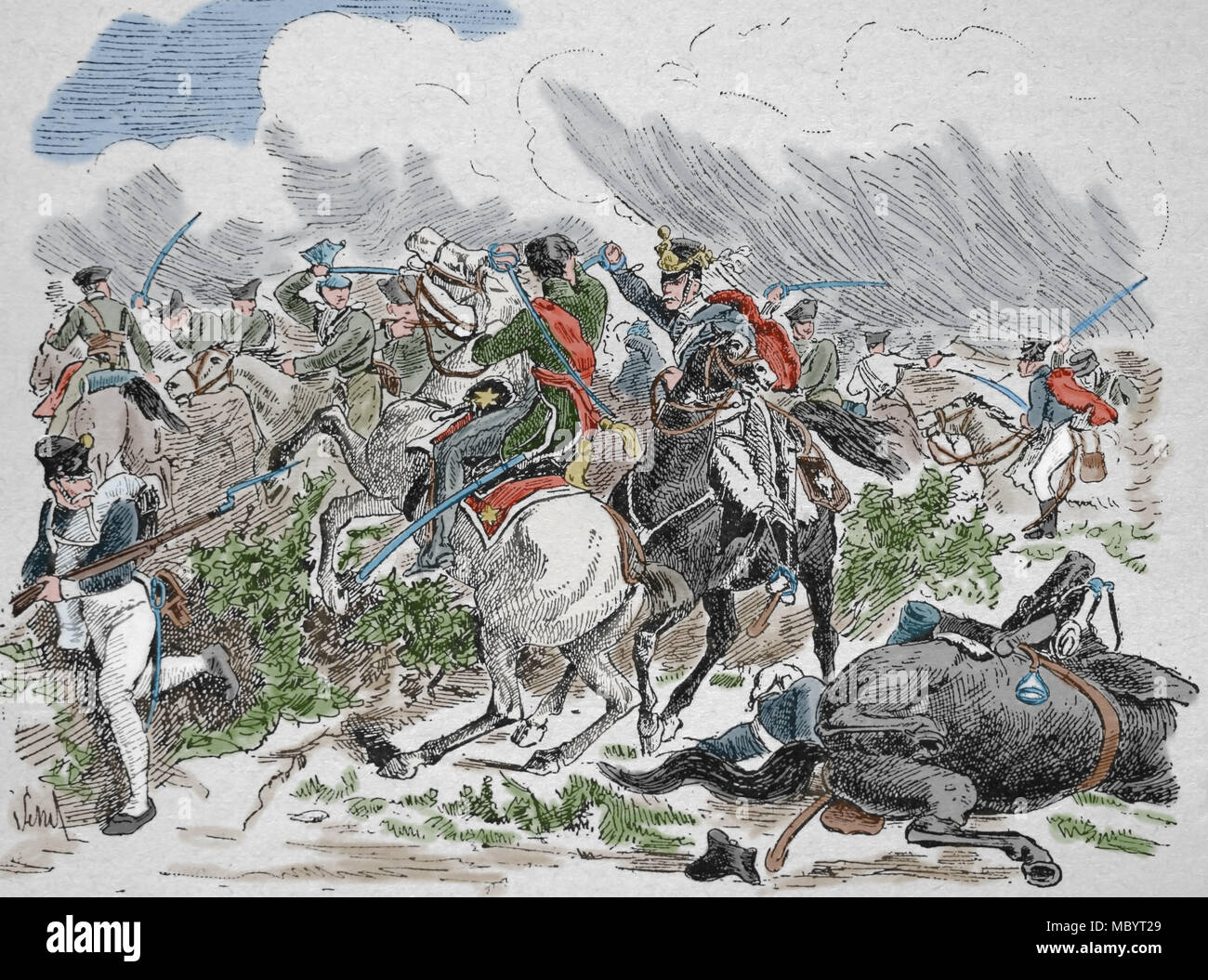 La morte del principe Luigi Ferdinando di Prussia (1772-1806) durante la Battaglia di Saalfeld. La guerra della quarta coalizione.Guerre Napoleoniche. Foto Stock